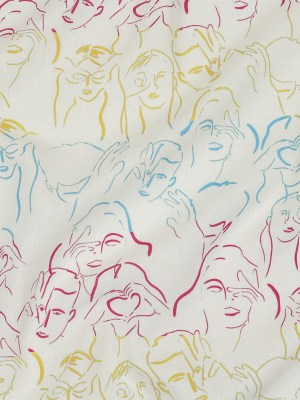 Linen and Rayon Woven – Blue, Yellow and Pink Faces and Hands – Language of Love Print – Mood Exclusive Pride Collection Linen and Rayon Woven – Blue, Yellow and Pink Faces and Hands – Language of Love Print – Mood Exclusive Pride Collection