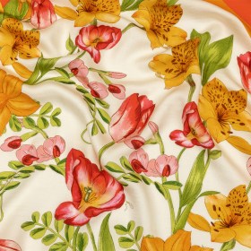 Rayon Challis – Orange and Pink Floral – Golden Garden Print – Mood Exclusive Citrus Collection Rayon Challis – Orange and Pink Floral – Golden Garden Print – Mood Exclusive Citrus Collection