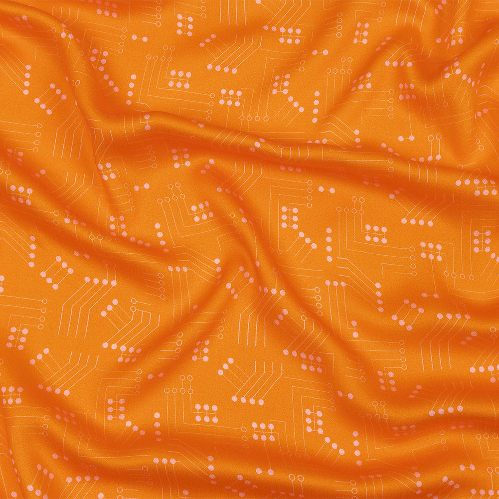 Rayon Challis – Orange Circuit Board Dots – Circuit Breaker Print – Mood Exclusive Citrus Collection Rayon Challis – Orange Circuit Board Dots – Circuit Breaker Print – Mood Exclusive Citrus Collection