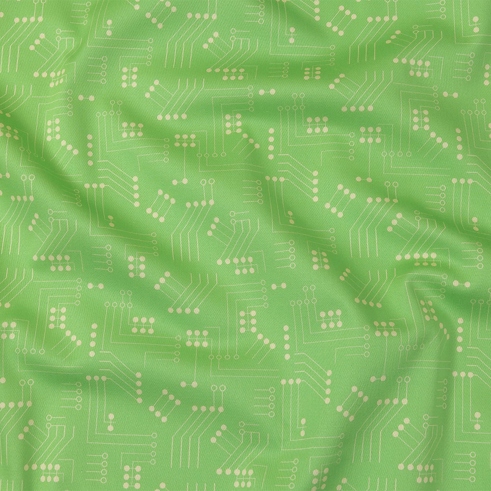 Stretch Cotton Sateen – Green Circuit Board Dots – Circuit Breaker Print – Mood Exclusive Citrus Collection Stretch Cotton Sateen – Green Circuit Board Dots – Circuit Breaker Print – Mood Exclusive Citrus Collection