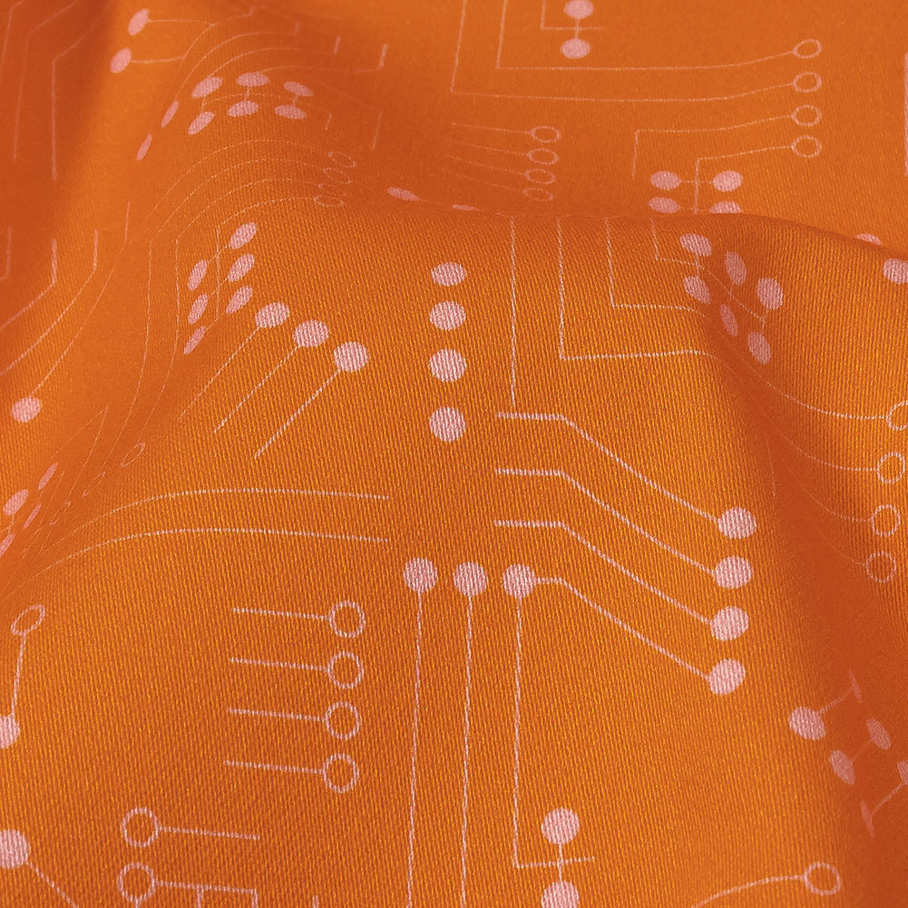 Stretch Cotton Sateen – Orange Circuit Board Dots – Circuit Breaker Print – Mood Exclusive Citrus Collection Stretch Cotton Sateen – Orange Circuit Board Dots – Circuit Breaker Print – Mood Exclusive Citrus Collection