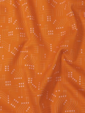 Stretch Cotton Sateen – Orange Circuit Board Dots – Circuit Breaker Print – Mood Exclusive Citrus Collection Stretch Cotton Sateen – Orange Circuit Board Dots – Circuit Breaker Print – Mood Exclusive Citrus Collection