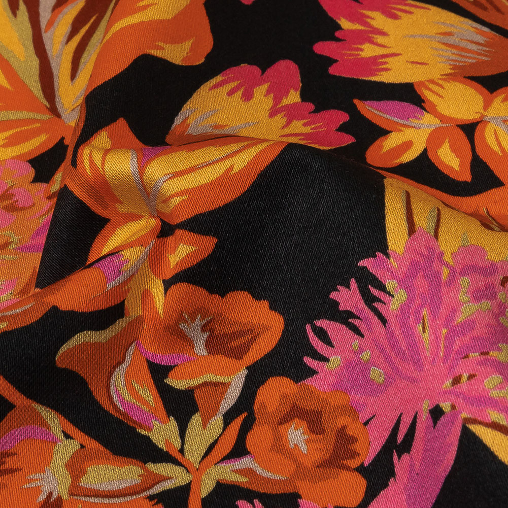 Stretch Cotton Sateen – Black, Pink and Yellow Floral – Tangerine Dreams Print – Mood Exclusive Citrus Collection Stretch Cotton Sateen – Black, Pink and Yellow Floral – Tangerine Dreams Print – Mood Exclusive Citrus Collection