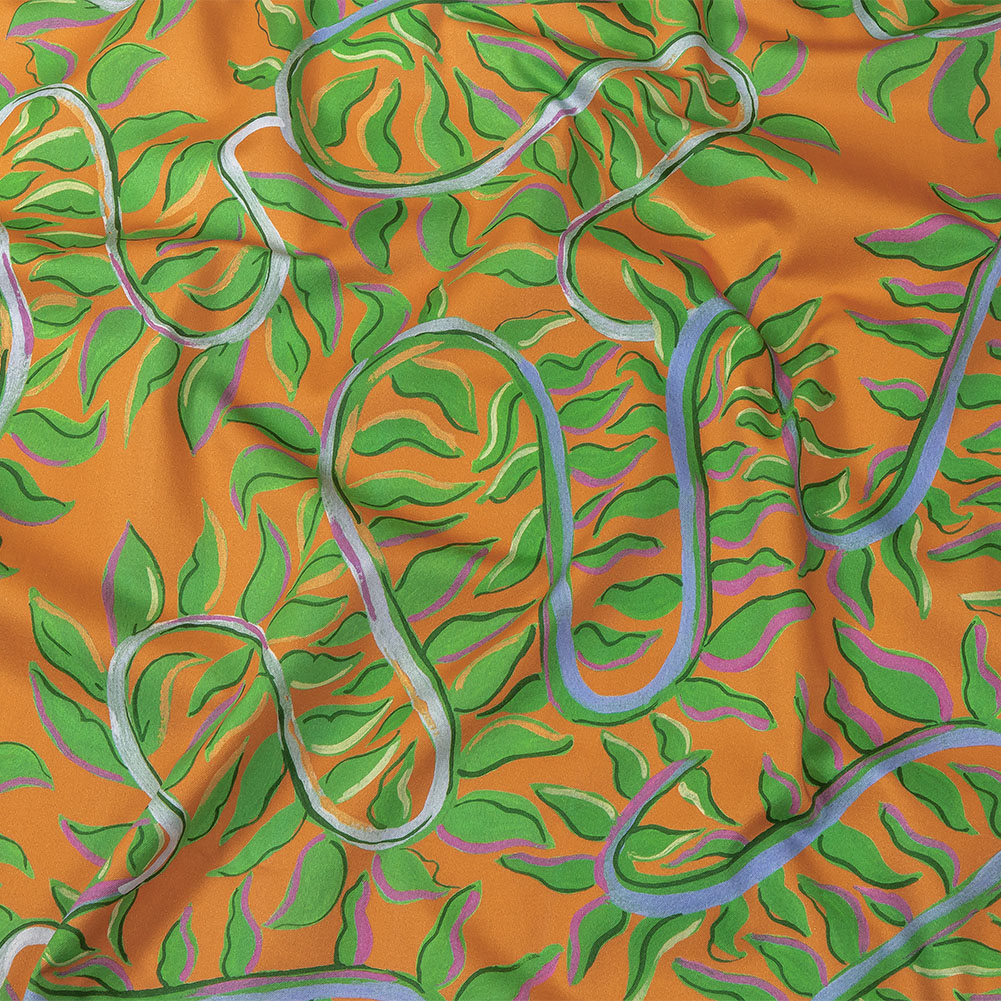Stretch Cotton Sateen – Orange and Green Foliage – Looking Vine Print – Mood Exclusive Citrus Collection Stretch Cotton Sateen – Orange and Green Foliage – Looking Vine Print – Mood Exclusive Citrus Collection