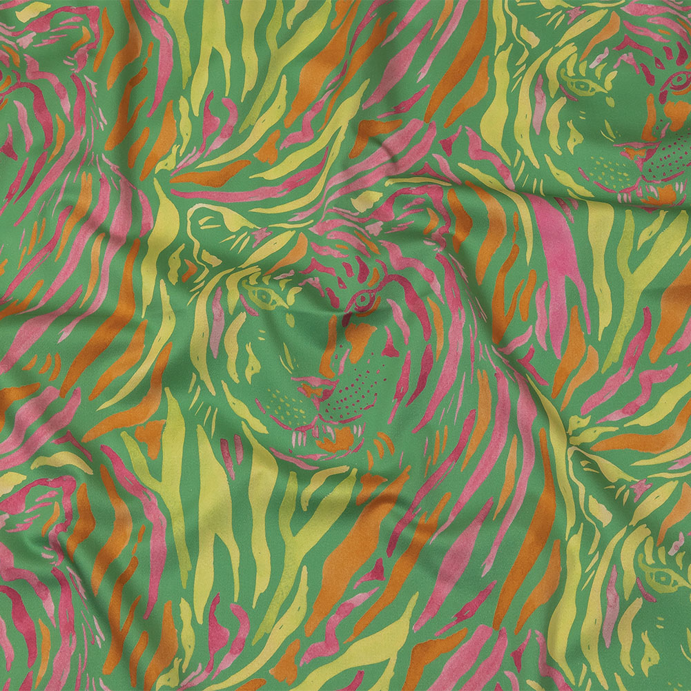 Stretch Cotton Sateen – Green and Pink Tiger Stripes – Rainforest Refreshment Print – Mood Exclusive Citrus Collection Stretch Cotton Sateen – Green and Pink Tiger Stripes – Rainforest Refreshment Print – Mood Exclusive Citrus Collection