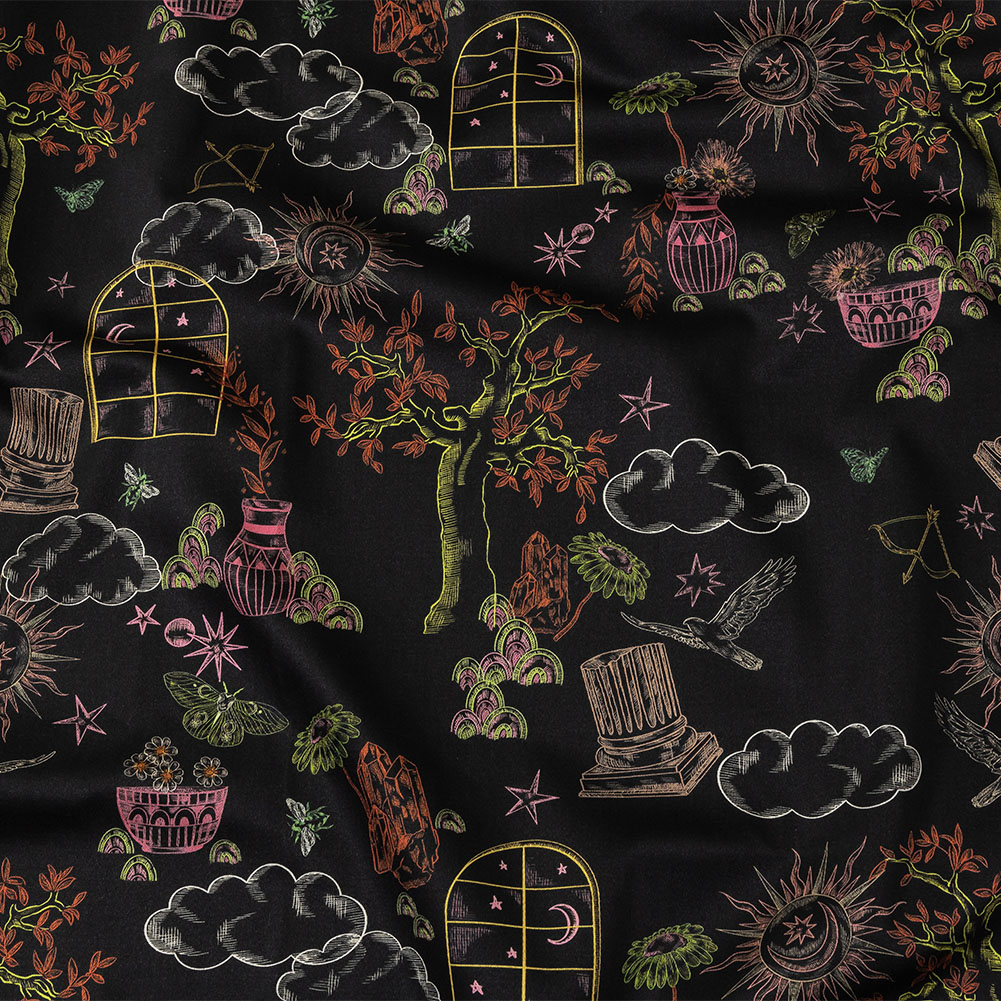 Stretch Cotton Sateen – Black Trees and Windows – Summer Nights Print – Mood Exclusive Citrus Collection Stretch Cotton Sateen – Black Trees and Windows – Summer Nights Print – Mood Exclusive Citrus Collection