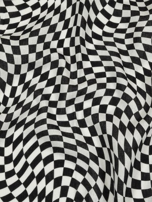 Linen and Rayon Woven – Black and White Warped Checks – Down the Rabbit Hole Print – Mood Exclusive Indigo Collection Linen and Rayon Woven – Black and White Warped Checks – Down the Rabbit Hole Print – Mood Exclusive Indigo Collection