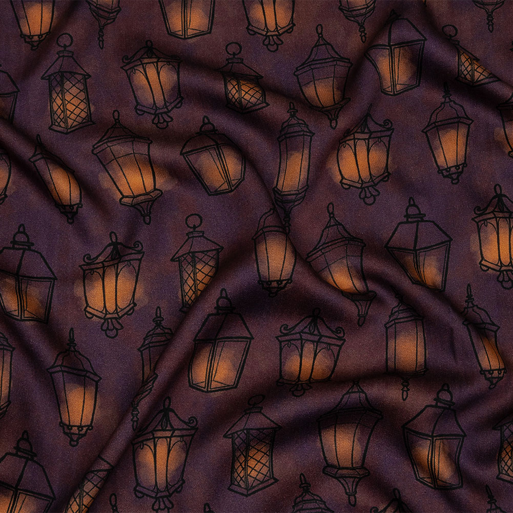 Rayon Challis – Purple Lanterns – By Lantern Light Print – Mood Exclusive Jack-O-Lantern Collection Rayon Challis – Purple Lanterns – By Lantern Light Print – Mood Exclusive Jack-O-Lantern Collection