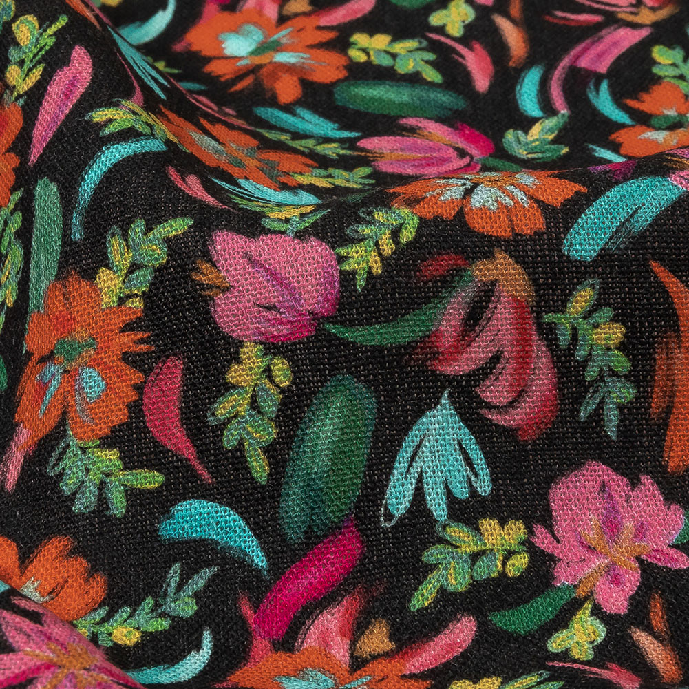 Linen and Rayon Woven - Pink, Blue and Black Floral - Confetti Fete Print - Mood Exclusive Citrus Collection