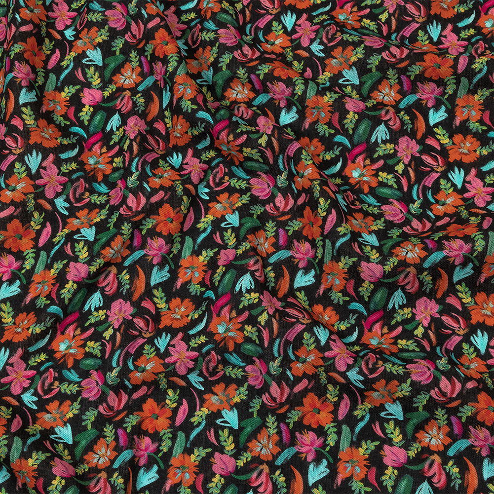 Linen and Rayon Woven – Pink, Blue and Black Floral – Confetti Fete Print – Mood Exclusive Citrus Collection Linen and Rayon Woven – Pink, Blue and Black Floral – Confetti Fete Print – Mood Exclusive Citrus Collection