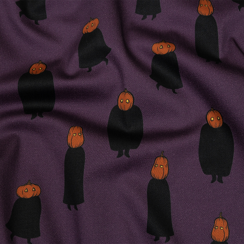 Stretch Cotton Sateen – Purple Pumpkin People – Pumpkin Patch Print – Mood Exclusive Jack-O-Lantern Collection Stretch Cotton Sateen – Purple Pumpkin People – Pumpkin Patch Print – Mood Exclusive Jack-O-Lantern Collection
