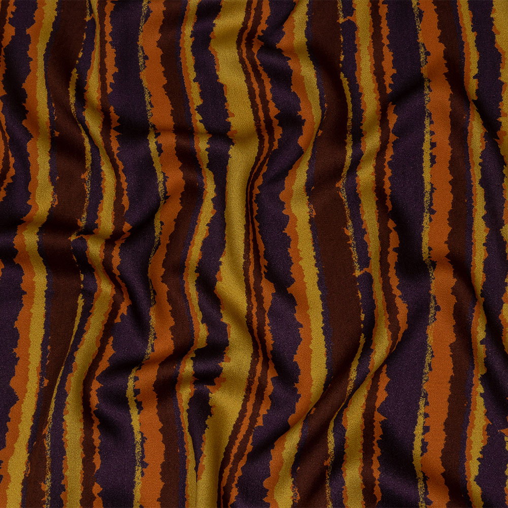 Rayon Challis – Purple, Orange and Yellow Stripes – Foliate Pathways Print – Mood Exclusive Jack-O-Lantern Collection Rayon Challis – Purple, Orange and Yellow Stripes – Foliate Pathways Print – Mood Exclusive Jack-O-Lantern Collection