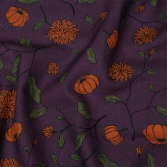 Linen and Rayon Woven – Purple and Orange Pumpkins and Flowers – Chrysanthemum Crisp Print – Mood Exclusive Jack-O-Lantern Collection Linen and Rayon Woven – Purple and Orange Pumpkins and Flowers – Chrysanthemum Crisp Print – Mood Exclusive Jack-O-Lantern Collection