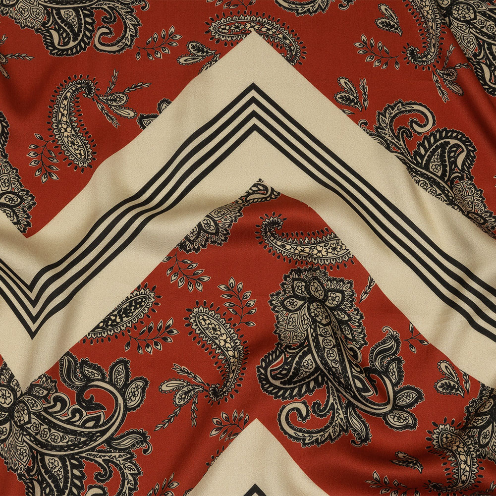 Rayon Challis – White and Orange Paisley and Chevron – Well Travelled Trails Print – Mood Exclusive Rockland Collection Rayon Challis – White and Orange Paisley and Chevron – Well Travelled Trails Print – Mood Exclusive Rockland Collection