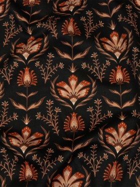 Stretch Cotton Sateen – Black and Orange Floral – Watching the Fire Print – Mood Exclusive Rockland Collection Stretch Cotton Sateen – Black and Orange Floral – Watching the Fire Print – Mood Exclusive Rockland Collection