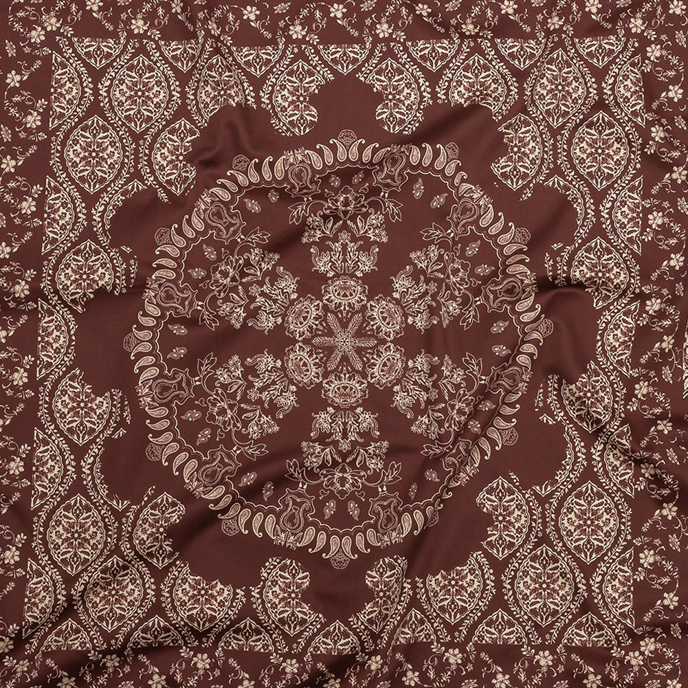 Stretch Cotton Sateen – Beige and Burgundy Paisley – Impressions in Time Print – Mood Exclusive Rockland Collection Stretch Cotton Sateen – Beige and Burgundy Paisley – Impressions in Time Print – Mood Exclusive Rockland Collection