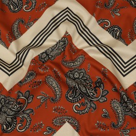 Stretch Cotton Sateen – White and Orange Paisley and Chevron – Well Travelled Trails Print – Mood Exclusive Rockland Collection Stretch Cotton Sateen – White and Orange Paisley and Chevron – Well Travelled Trails Print – Mood Exclusive Rockland Collection