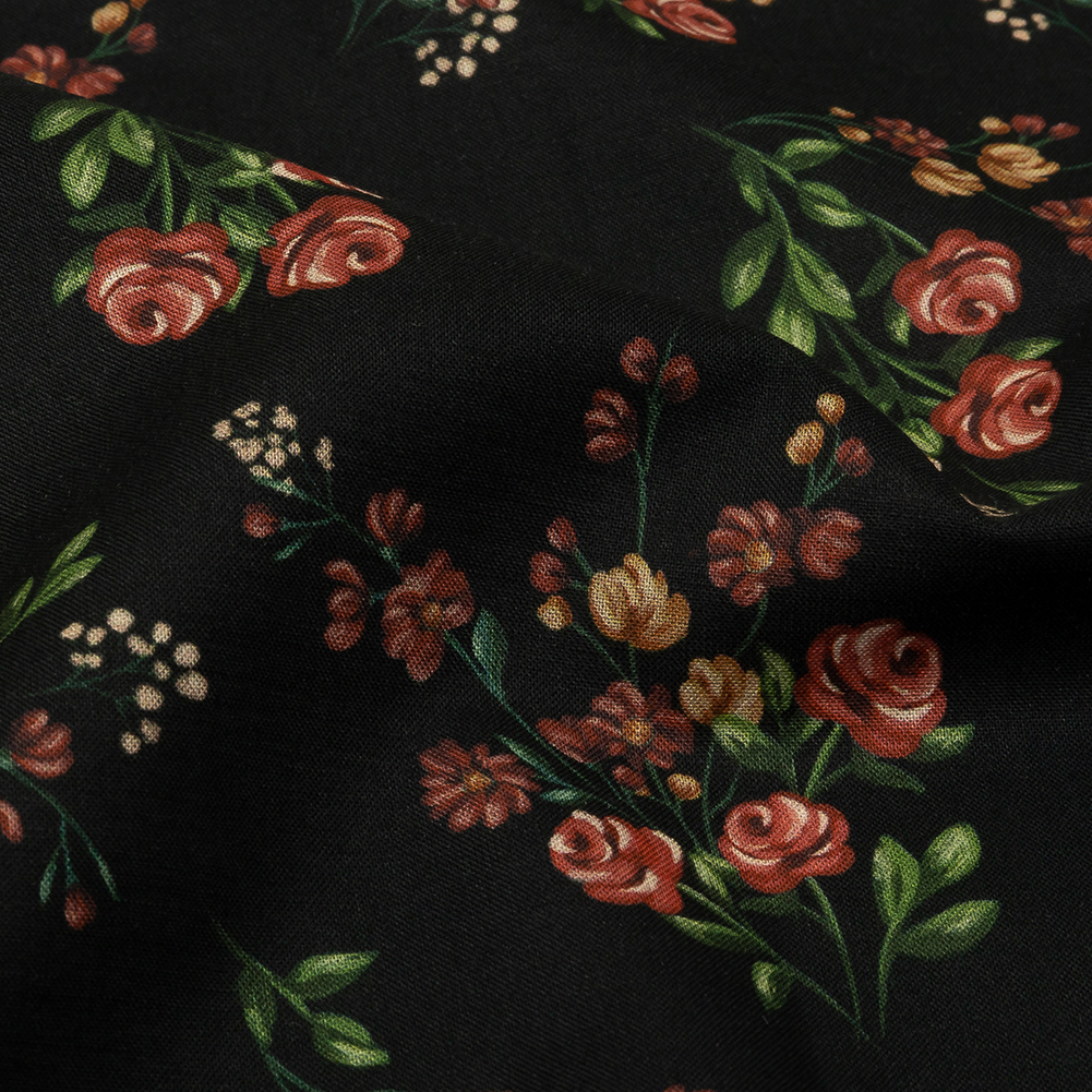 Cotton Voile - Black and Pink Floral - Mason Jar Bouquet Print - Mood Exclusive Rockland Collection