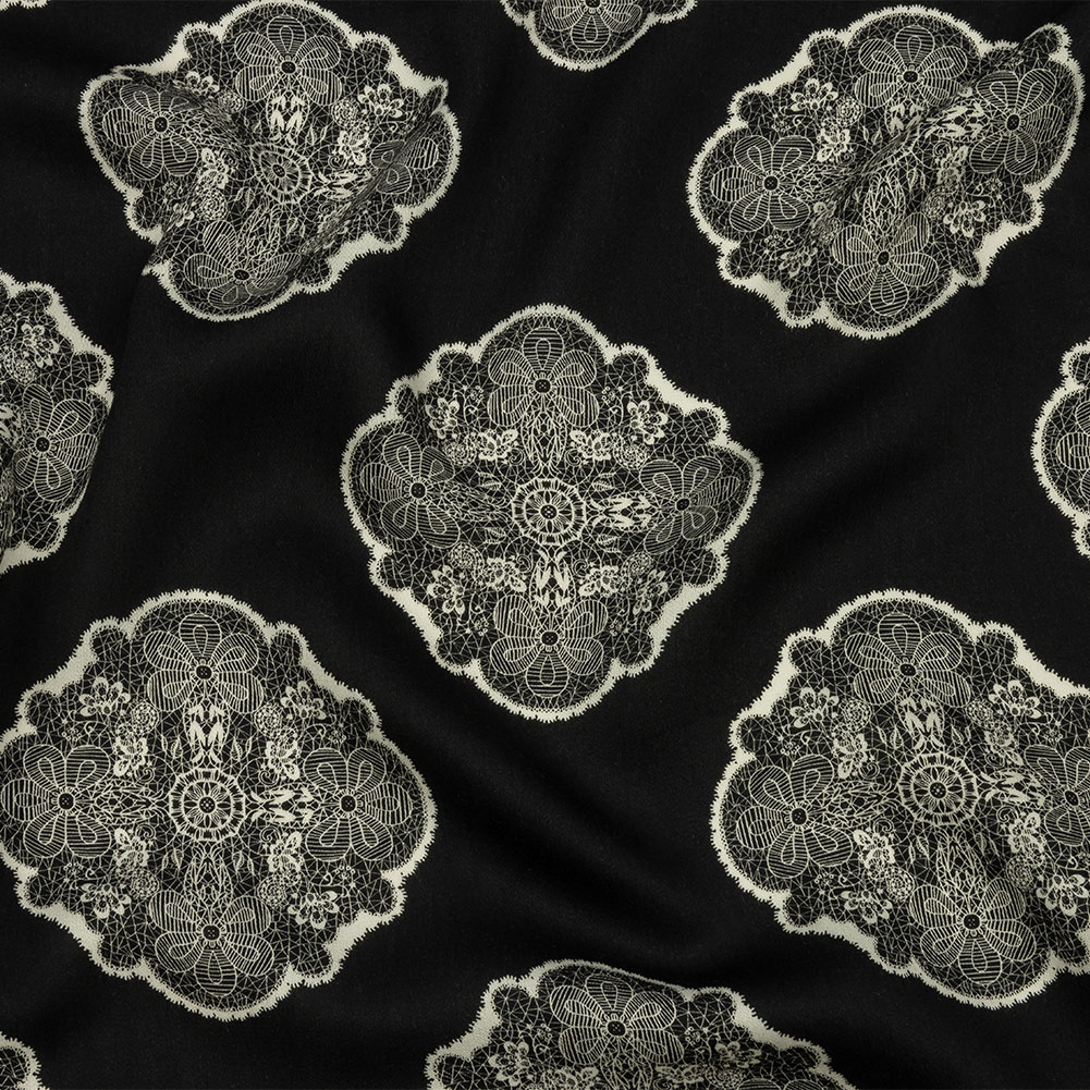 Rayon Challis – Black Lacy Medallions – Cathedral Windows Print – Mood Exclusive Metro Collection Rayon Challis – Black Lacy Medallions – Cathedral Windows Print – Mood Exclusive Metro Collection