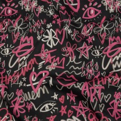 Stretch Cotton Sateen – Pink and Black Graffiti Doodles – Spontaneous Collaboration Print – Mood Exclusive Metro Collection Stretch Cotton Sateen – Pink and Black Graffiti Doodles – Spontaneous Collaboration Print – Mood Exclusive Metro Collection