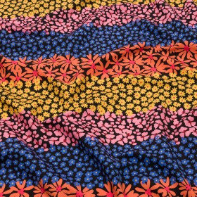Recycled Polyester Swim Trunk Fabric – Pink, Orange and Blue Floral Stripes – Waves of Myrtle Print – Mood Exclusive Malibu Collection Recycled Polyester Swim Trunk Fabric – Pink, Orange and Blue Floral Stripes – Waves of Myrtle Print – Mood Exclusive Malibu Collection