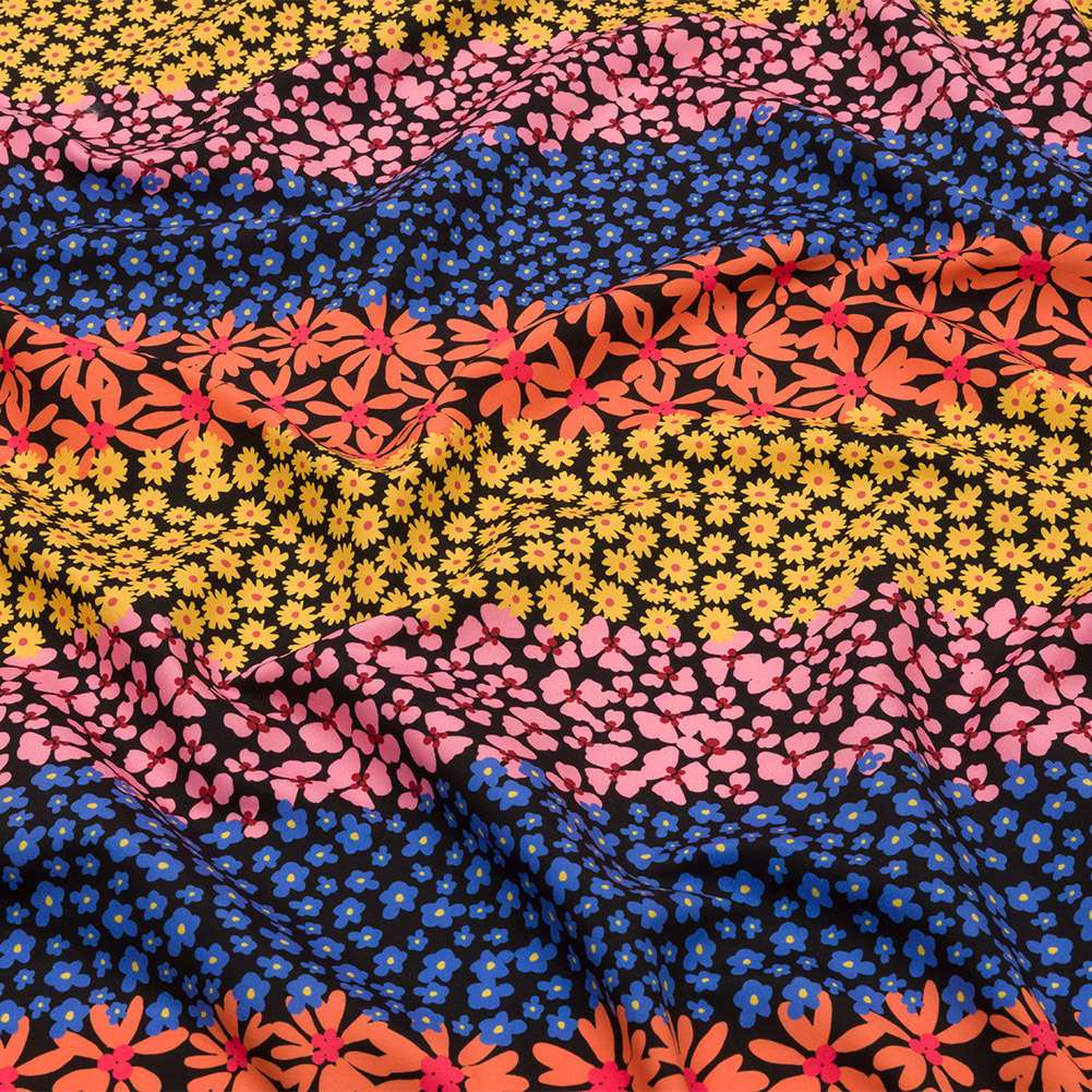 Recycled Polyester Swim Trunk Fabric – Pink, Orange and Blue Floral Stripes – Waves of Myrtle Print – Mood Exclusive Malibu Collection Recycled Polyester Swim Trunk Fabric – Pink, Orange and Blue Floral Stripes – Waves of Myrtle Print – Mood Exclusive Malibu Collection