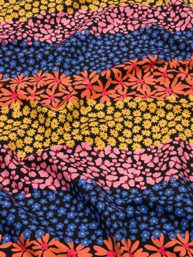 Recycled Polyester Swim Trunk Fabric – Pink, Orange and Blue Floral Stripes – Waves of Myrtle Print – Mood Exclusive Malibu Collection Recycled Polyester Swim Trunk Fabric – Pink, Orange and Blue Floral Stripes – Waves of Myrtle Print – Mood Exclusive Malibu Collection