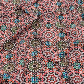 Recycled Polyester Swim Trunk Fabric – Orange and Green Kaleidoscope Geometric – Marmalade Skies Print – Mood Exclusive Malibu Collection Recycled Polyester Swim Trunk Fabric – Orange and Green Kaleidoscope Geometric – Marmalade Skies Print – Mood Exclusive Malibu Collection