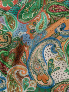 Sustainable Viscose Crepe – Green and Orange Paisley – Dragonfly Inn Print – Mood Exclusive Gisele Collection Sustainable Viscose Crepe – Green and Orange Paisley – Dragonfly Inn Print – Mood Exclusive Gisele Collection