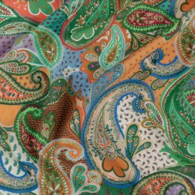 Sustainable Viscose Crepe – Green and Orange Paisley – Dragonfly Inn Print – Mood Exclusive Gisele Collection Sustainable Viscose Crepe – Green and Orange Paisley – Dragonfly Inn Print – Mood Exclusive Gisele Collection