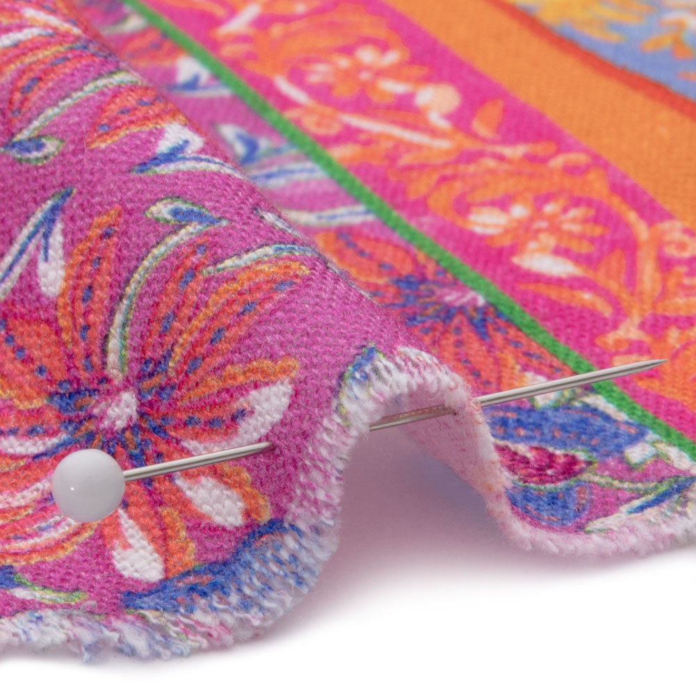 Viscose and Linen Woven - Pink and Orange Floral Stripes - Darling Clementine Print - Mood Exclusive Gisele Collection