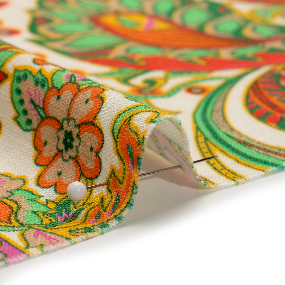 Viscose and Linen Woven - White Floral Paisley Stripes - Locust Lily Print - Mood Exclusive Gisele Collection