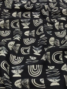 Linen and Rayon Woven – Black Rainbows and Geometrics – Cairn Caves Print – Mood Exclusive Palm Beach Collection Linen and Rayon Woven – Black Rainbows and Geometrics – Cairn Caves Print – Mood Exclusive Palm Beach Collection