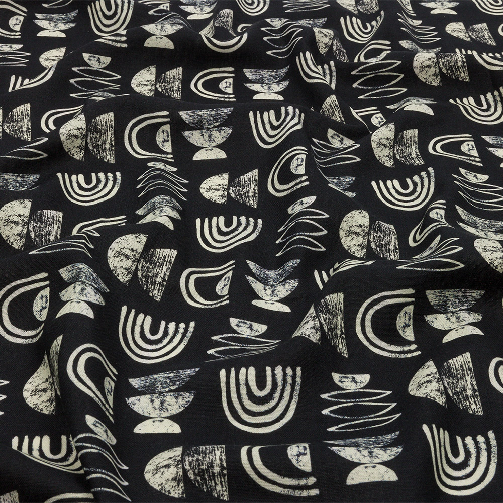 Linen and Rayon Woven – Black Rainbows and Geometrics – Cairn Caves Print – Mood Exclusive Palm Beach Collection Linen and Rayon Woven – Black Rainbows and Geometrics – Cairn Caves Print – Mood Exclusive Palm Beach Collection