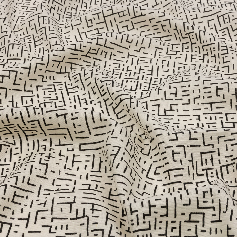Linen and Rayon Woven – White and Black Geometric Lines – Maui Maze Print – Mood Exclusive Palm Beach Collection Linen and Rayon Woven – White and Black Geometric Lines – Maui Maze Print – Mood Exclusive Palm Beach Collection