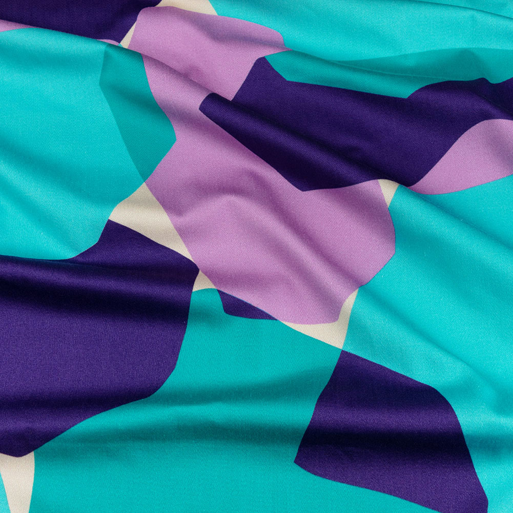 Stretch Cotton Sateen – Lilac and Turquoise Geometric Gems – Midnight Train to Georgia Print – Mood Exclusive Yesterday Collection Stretch Cotton Sateen – Lilac and Turquoise Geometric Gems – Midnight Train to Georgia Print – Mood Exclusive Yesterday Collection