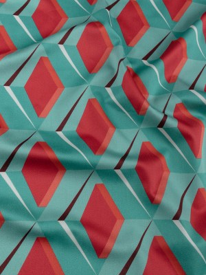 Stretch Cotton Sateen – Turquoise and Red Diamonds – Deco Delight Print – Mood Exclusive Yesterday Collection Stretch Cotton Sateen – Turquoise and Red Diamonds – Deco Delight Print – Mood Exclusive Yesterday Collection