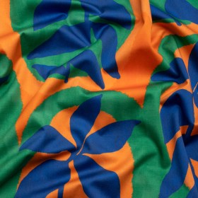 Stretch Cotton Sateen – Orange, Blue and Green Leaves – Mediterranean Mingle Print – Mood Exclusive Marigold Collection Stretch Cotton Sateen – Orange, Blue and Green Leaves – Mediterranean Mingle Print – Mood Exclusive Marigold Collection