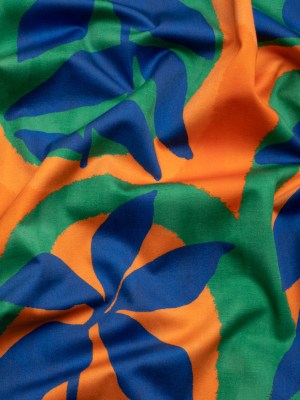 Stretch Cotton Sateen – Orange, Blue and Green Leaves – Mediterranean Mingle Print – Mood Exclusive Marigold Collection Stretch Cotton Sateen – Orange, Blue and Green Leaves – Mediterranean Mingle Print – Mood Exclusive Marigold Collection