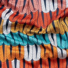 Stretch Cotton Sateen – Orange and Blue Geometric Feathers – Mood Exclusive Flock Together Print Stretch Cotton Sateen – Orange and Blue Geometric Feathers – Mood Exclusive Flock Together Print