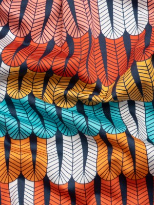 Stretch Cotton Sateen – Orange and Blue Geometric Feathers – Mood Exclusive Flock Together Print Stretch Cotton Sateen – Orange and Blue Geometric Feathers – Mood Exclusive Flock Together Print