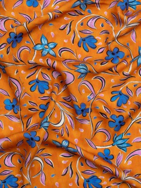 Rayon Challis – Orange and Blue Floral – Apollo’s Laurel Print – Mood Exclusive Chariot Collection Rayon Challis – Orange and Blue Floral – Apollo’s Laurel Print – Mood Exclusive Chariot Collection
