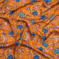 Rayon Challis – Orange and Blue Floral – Apollo’s Laurel Print – Mood Exclusive Chariot Collection Rayon Challis – Orange and Blue Floral – Apollo’s Laurel Print – Mood Exclusive Chariot Collection