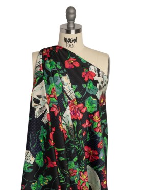 Stretch Cotton Sateen – Black, Red and Green Skulls and Flowers – Mood Exclusive Poor Yorick Print Stretch Cotton Sateen – Black, Red and Green Skulls and Flowers – Mood Exclusive Poor Yorick Print