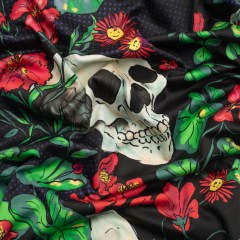Stretch Cotton Sateen – Black, Red and Green Skulls and Flowers – Mood Exclusive Poor Yorick Print Stretch Cotton Sateen – Black, Red and Green Skulls and Flowers – Mood Exclusive Poor Yorick Print