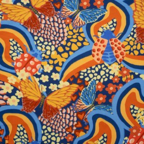Rayon Challis – Orange and Blue Butterflies and Doodles – Sunbeam Garden Print – Mood Exclusive Chariot Collection Rayon Challis – Orange and Blue Butterflies and Doodles – Sunbeam Garden Print – Mood Exclusive Chariot Collection