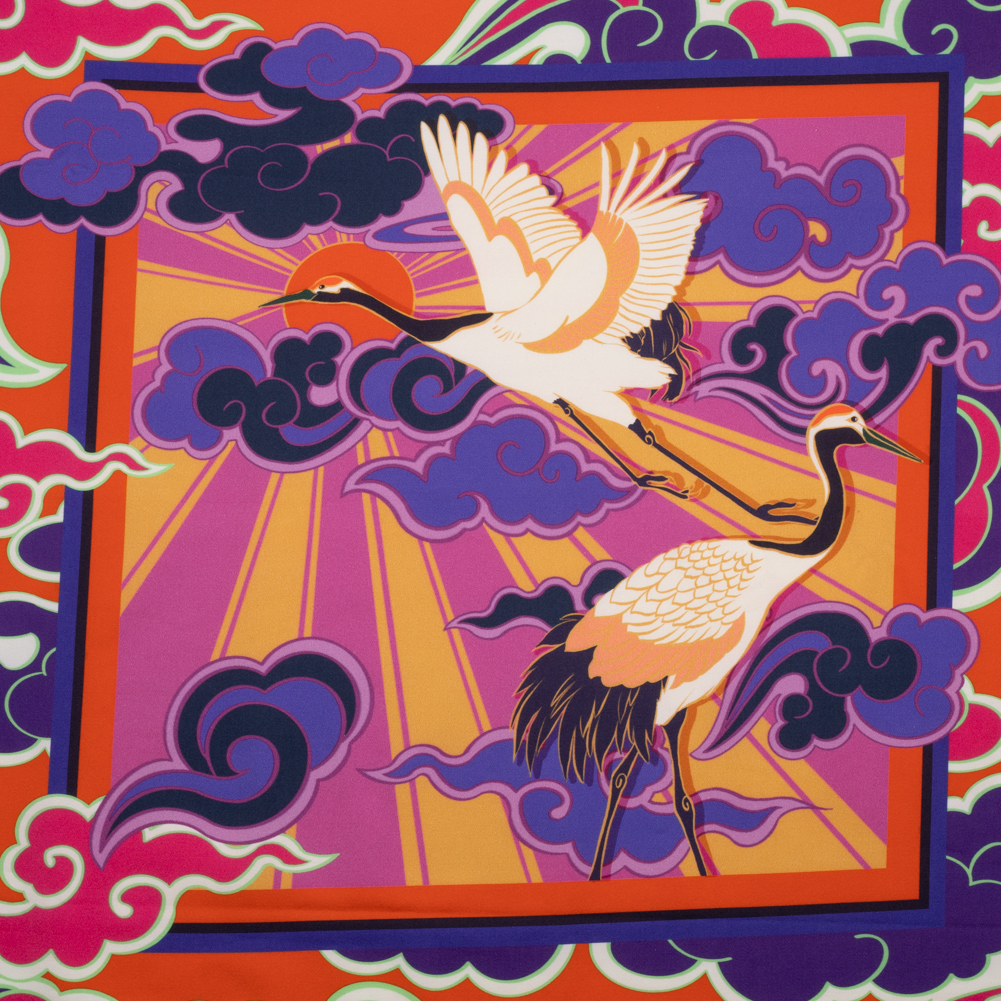 Stretch Cotton Sateen Panel – Purple and Orange Cranes and Clouds – Sunrise Flight Print – Mood Exclusive Chariot Collection Stretch Cotton Sateen Panel – Purple and Orange Cranes and Clouds – Sunrise Flight Print – Mood Exclusive Chariot Collection
