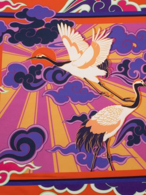 Stretch Cotton Sateen Panel – Purple and Orange Cranes and Clouds – Sunrise Flight Print – Mood Exclusive Chariot Collection Stretch Cotton Sateen Panel – Purple and Orange Cranes and Clouds – Sunrise Flight Print – Mood Exclusive Chariot Collection