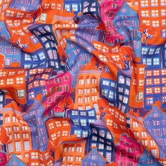 Stretch Cotton Sateen – Purple, Orange and Blue Houses – Sunlit City Print – Mood Exclusive Chariot Collection Stretch Cotton Sateen – Purple, Orange and Blue Houses – Sunlit City Print – Mood Exclusive Chariot Collection
