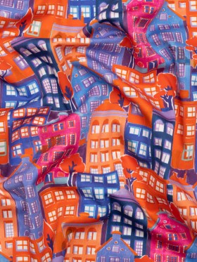 Stretch Cotton Sateen – Purple, Orange and Blue Houses – Sunlit City Print – Mood Exclusive Chariot Collection Stretch Cotton Sateen – Purple, Orange and Blue Houses – Sunlit City Print – Mood Exclusive Chariot Collection